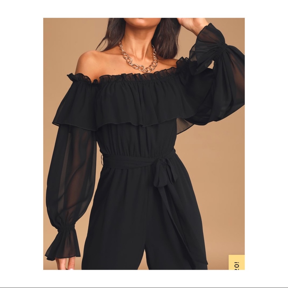 NWOT Lulu’s black off the shoulder wide leg jumpsuit with sheer sleeves. XS